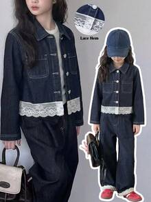 女童 Y2K 休閒深藍色牛仔蕾絲飾邊拼接長袖短版夾克，適合夏季/秋季，返校季 - 深色水洗藍 - 查看 4