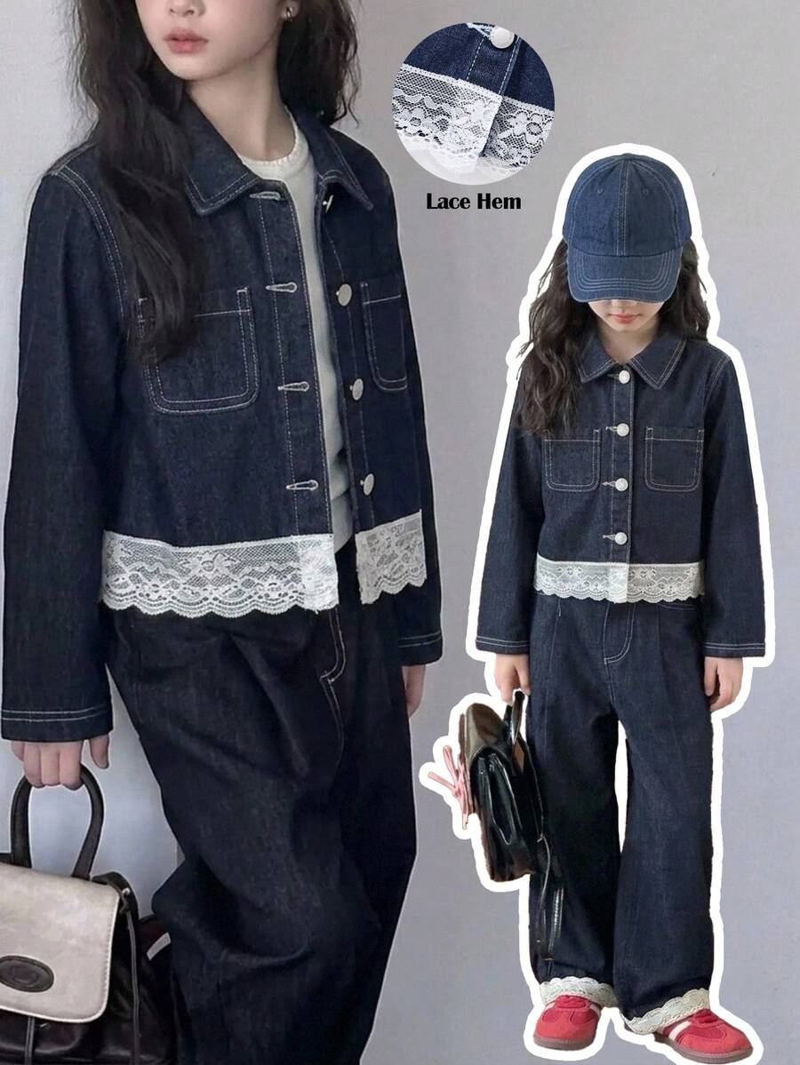 Young Girl Y2k Casual Dark Blue Denim Lace Trim Patchwork Long Sleeve Cropped Jacket, Summer/Fall, Back-To-School - Dark Wash - View 1