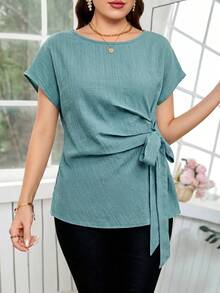 SHEIN Clasi Damen Bluse in Unifarbe mit Rundhalsausschnitt und Knoten-Design, lässig und vielseitig für den Alltag und Ausflüge - Grün - Übersicht 4