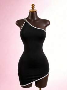 SHEIN Unity Women's One Shoulder Black And White Colorblock Asymmetrical Hem Dress Club Going Out Summer Sexy - Black - View 4