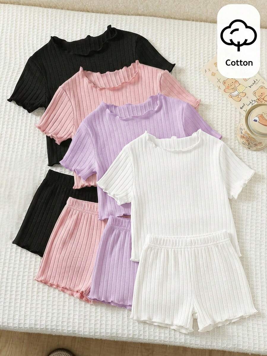 SHEIN 4件組少女夏季可愛羅紋素色荷葉邊短袖上衣,夏季上衣,復活節夏季背心上衣,內衣襯衫束腰可愛上衣,白色上衣,白色抹胸上衣 - 彩色 - View 1