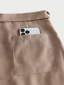 AXEPEAK Pantalones cortos holgados con diseño de hebilla en la cintura y pliegues de unicolor para hombres - Caqui - Ver 7
