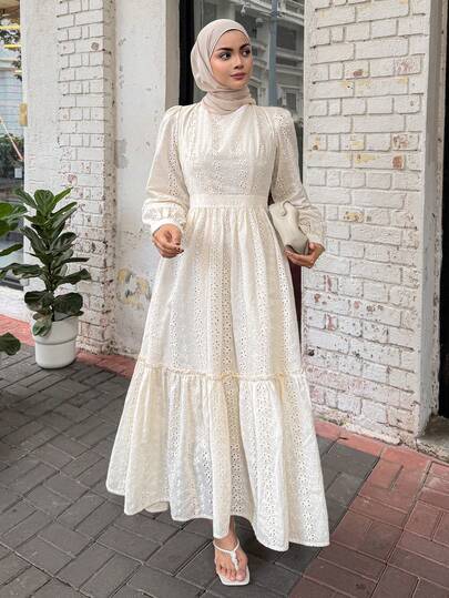 DAZY Summer Autumn Stand Collar Long Sleeve White Hollow Embroidery Cinched Waist Layered Patchwork Hem Loose Fit Women's Long Dress