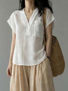 SHEIN 女款亞麻苧麻舒適寬鬆V領襯衫，夏季新款，鈕扣細節，常規長度上衣，度假全白休閒風 - 白色 - 查看 6