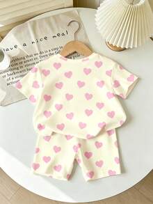 Baby Girl Fresh Cute Cartoon Cat Pink Bow Beige Bottom Pink Heart Pattern Basic Short T-Shirt And Biker Shorts Set, Comfortable Daily Sports Outfit - Multicolor - View 2