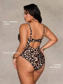 Shapewave Traje de baño de una pieza sin espalda con estampado de leopardo para tallas grandes - Multicolor - Ver 5