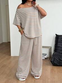 Coolane 女款大尺碼夏秋休閒街頭風度假灰色條紋露肩T恤寬腿運動褲兩件套套裝上班穿搭 - 卡其色 - 查看 5