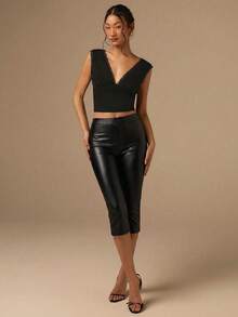 COSMINA Women's Solid-Color PU Leather Slim-Fit Cropped Trousers-Versatile Black Pants Perfect For Everyday Wear And Street-Style Looks. - Black - View 3