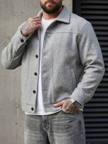 Manfinity Homme Veste courte à la mode à manches longues pour hommes grande taille pour l'automne/l'hiver, veste en laine, convient pour sortir, travailler, voyager, faire la fête et d'autres occasions. C'est un excellent cadeau pour les couples, les petits amis, les maris ou les amis. Gris - Gris - Voir 1