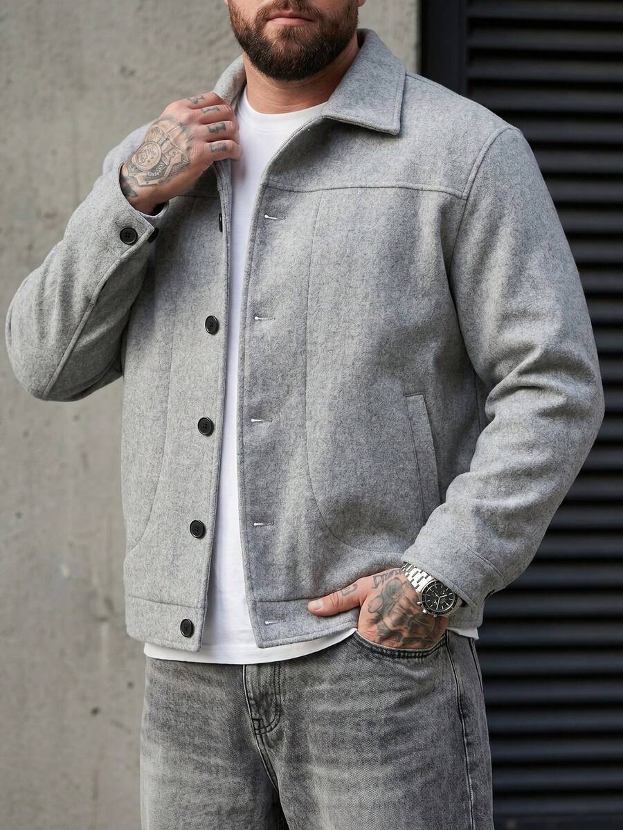Manfinity Homme Veste courte à la mode à manches longues pour hommes grande taille pour l'automne/l'hiver, veste en laine, convient pour sortir, travailler, voyager, faire la fête et d'autres occasions. C'est un excellent cadeau pour les couples, les petits amis, les maris ou les amis. Gris - Gris - Voir 1