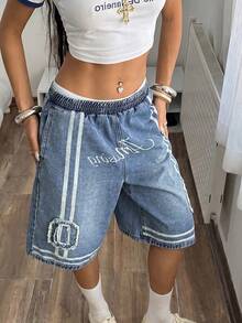StreetHx Women's Letter Pattern Pocket Casual Elastic Waist Denim Shorts - Blue - View 7