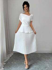 SHEIN Elenzya Vestido midi plisado con patchwork de malla de unicolor para mujer - Blanco - Ver 4