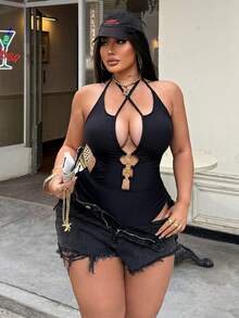 Swim SXY Baju Renang Seksi Terusan Wanita Ukuran Besar Warna Polos Berongga dengan Tali Leher dan Ikat Pinggang, Dekorasi Logam, Tali Serut Samping - Hitam - View 6
