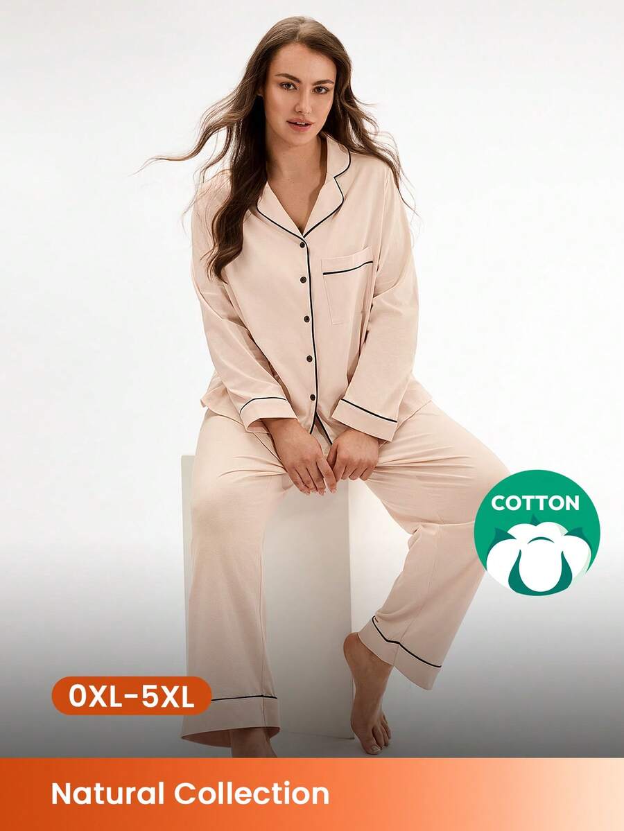 LUVLETTE 大码柔软纯棉撞色滚边基础款纽扣上衣和裤子家居服睡衣套装,适合身材丰满的顾客,尺码齐全。 - 卡其色 - 查看 1