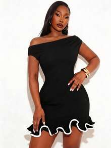 Radiana Plus Size Women's Asymmetrical Shoulder White Edge Spliced Cuffs And Hem Ruffled Trim Tight Dress, Suitable For Office, Prom, Ball, Valentine's Day - Black - View 4
