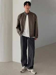 DAZY Autumn Solid Brown PU Men's Jacket & Coat - Brown - View 8