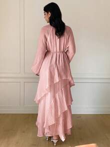 Solavon New Ruched Multi-Layer Flounce Cinched Waist Flowy Beach Dress, Flattering And Suitable For Vacation And Beach Unlined Sleeves - Pink - View 9