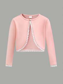 SHEIN 少女對比色蕾絲飾邊長袖時尚夾克 - 粉色 - 查看 1