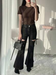 DAZY 1pc Women's Solid Color Crew Neck Fitted Short Sleeve T-Shirt - Coffee Brown - View 8