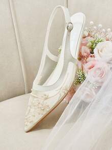 CUCCOO HITCHD Sepatu Wanita Beige Jala Bordir Manik-manik Ujung Lancip Hak Rendah Sandal Tali Belakang Gaya Peri Lembut Model Musim Semi dan Musim Panas Cocok untuk Pernikahan dan Kencan - Putih 1 - View 3