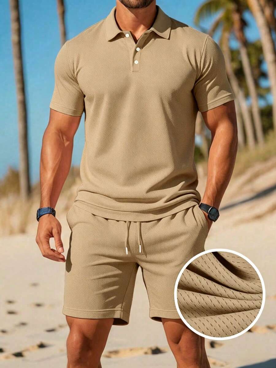 Manfinity Dauomo 男士純色短袖 Polo 衫與抽繩腰短褲休閒套裝 - 卡其色 - 查看 1