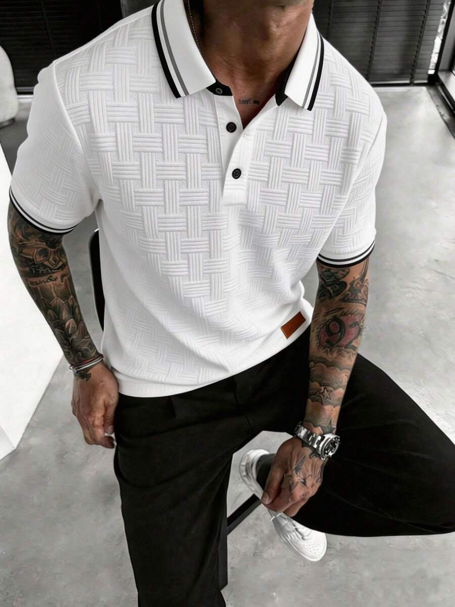 Manfinity Homme Camisa polo de hombre de punto jacquard con textura, cuello y 3 botones, formal - Blanco - Ver 1