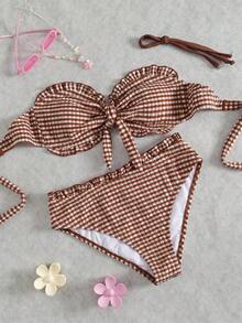 Swim Mod 新款女款優雅波西米亞 Y2K 柔粉色格紋紋理布料比基尼套裝－2 件式泳衣，附平口荷葉邊上衣、前蝴蝶結、可拆式肩帶與高腰性感三角褲，柔軟彈性材質，輕盈透氣，可愛甜美復古海濱風，甜美海濱時尚，90s/2000s 風格，學院風，鄉村風，適合夏季海灘度假、泳池派對與音樂節 - 棕色 - 查看 2