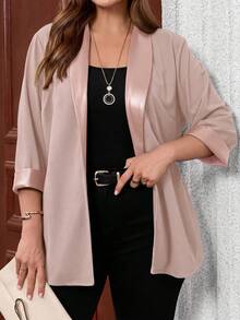 Miaspire Plus Size Spring/Autumn New Women's OL Minimalist Personalized Blazer Jacket With Leather Patchwork - Pink - View 3