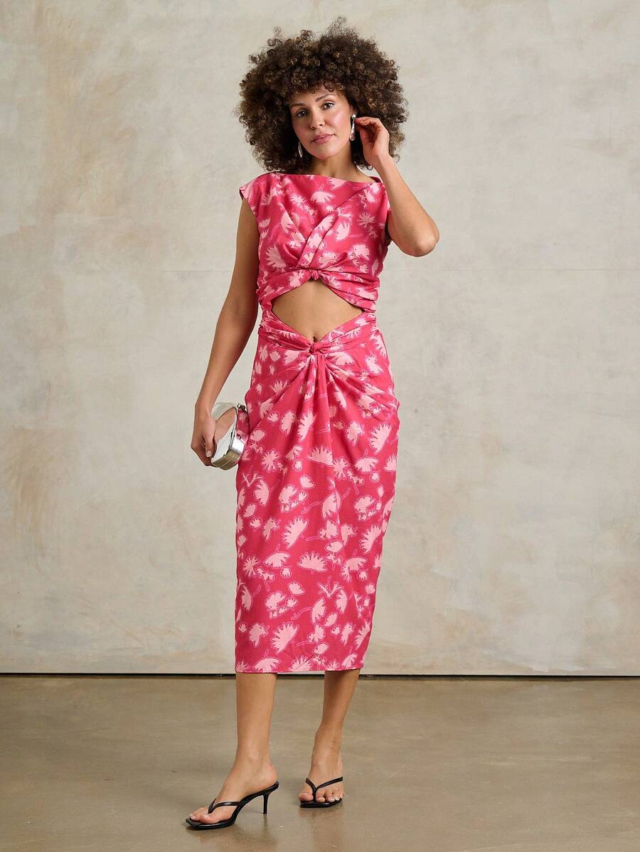 Rouah Womens Floral Printed Knot Front Mid-Length Dress - Summer Dress, Party Dress, Resort Dress, Wedding Dress, Reception Dress, Occassion Dress - Red - View 1
