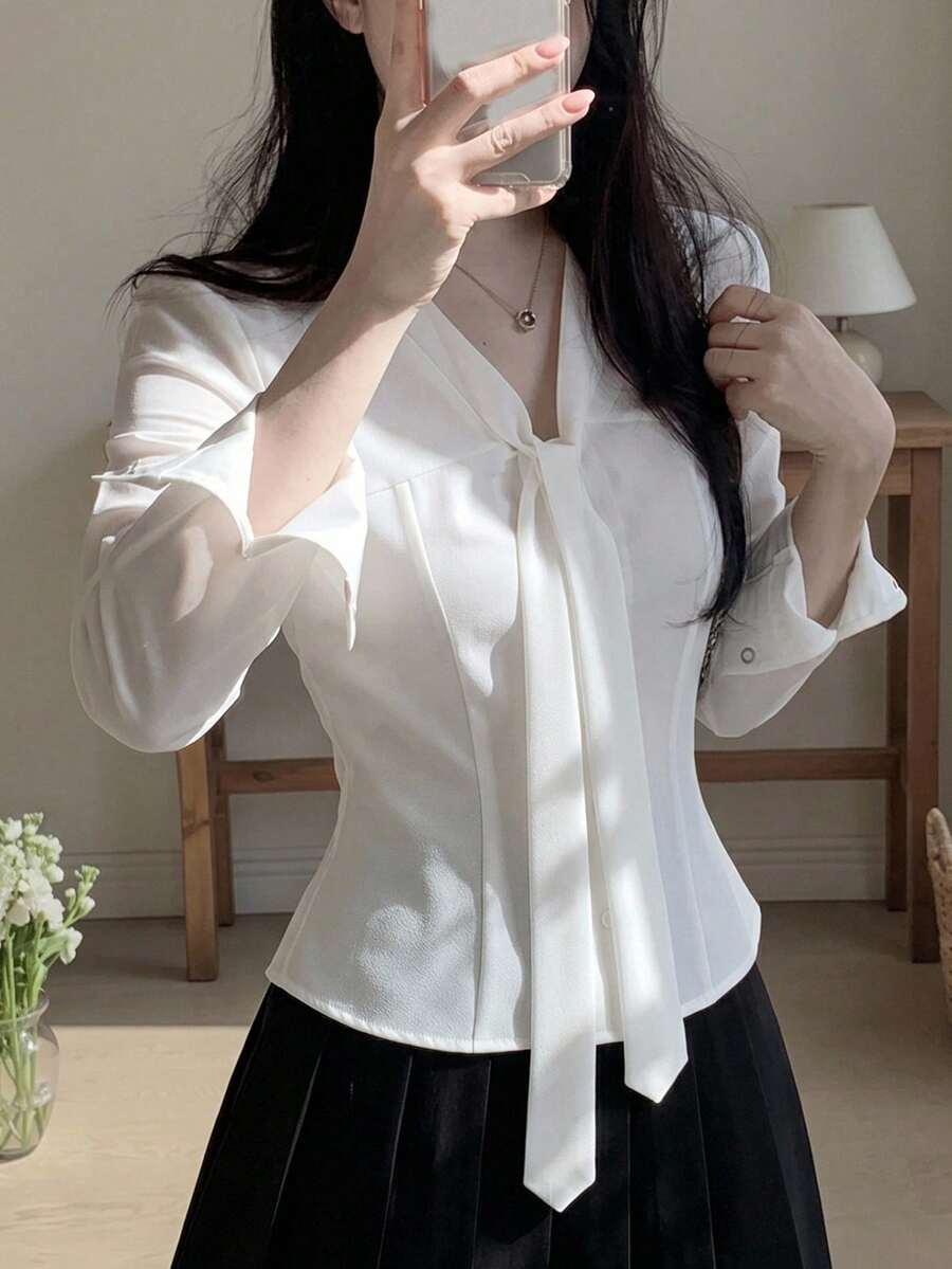 DAZY 女款素色休閒百搭日常穿著襯衫 夏季 - 白色 - 查看 1