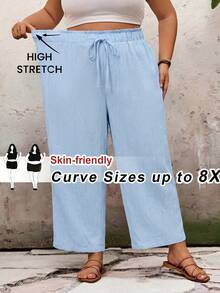SHEIN CURVE+ 大尺碼休閒素色寬鬆長褲 夏季/鄉村/海邊度假穿搭/海邊穿搭/海邊服飾 - 淺藍色 - 查看 7