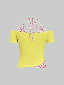 Attitoon Women's Floral Print 2 In 1 Colorblock Casual Versatile Halter Neck T-Shirt - Multicolor - View 4