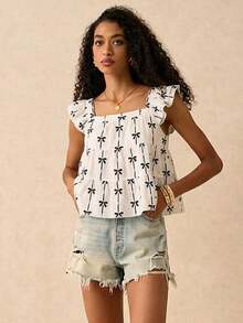 Muvela Women's Bowknot Print Ruffle Hem Cap Sleeve Blouse - Multicolor - View 6