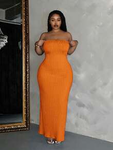 Slaydiva Slayr Plus Elegant Sexy Casual Solid Color Fitted Pocket Strapless Dress For Women Plus Size Vacation Orange Summer - Orange - View 3