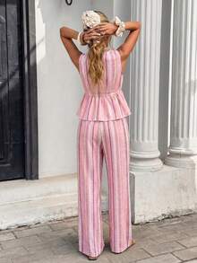 Serisse Casual Minimalist Style Pink Faux Texture Asymmetrical Stripe All-Over Print Pattern Women's 2-Piece Set Suitable For Spring/Summer Vacation - Multicolor - View 2