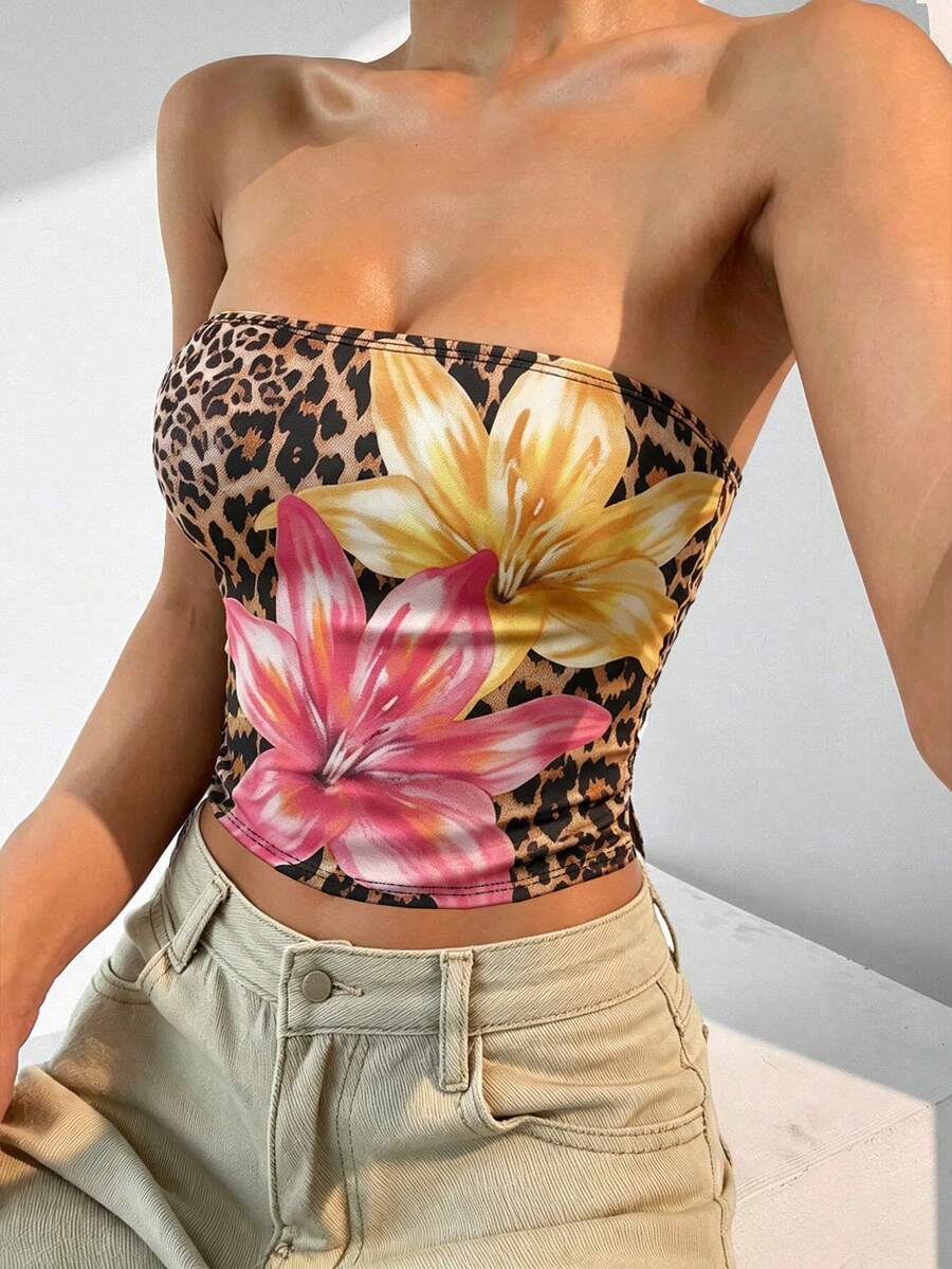 INAWLY Solva 女士休闲时尚印花豹纹花卉紧身胸衣上衣 - 彩色 - 查看 1