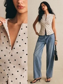 Poéselle 女款夏季通勤休閒圓點印花拉鍊西裝背心 - 杏色 - 查看 1