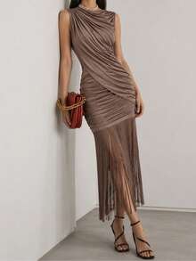 Modelyn Women's Summer Elegant Solid Color Ruched Tassel Hem Midi Dress - Coffee - View 3