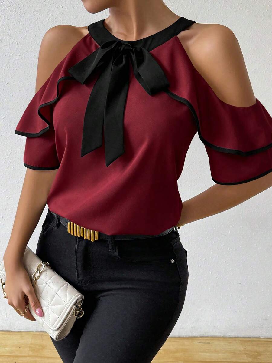 SHEIN Women's Bow Decor Patchwork Ruffle Off-Shoulder Fashion Blouse - Burgundy - View 1