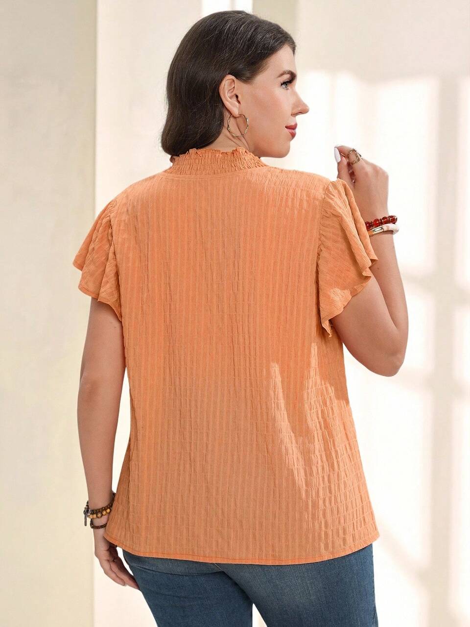 Plus Size Women's Orange Summer Boho Blouse, Solid Color Ruffle Cap Sleeve Casual Vacation Holiday Shirt Top, Festival Outfits,