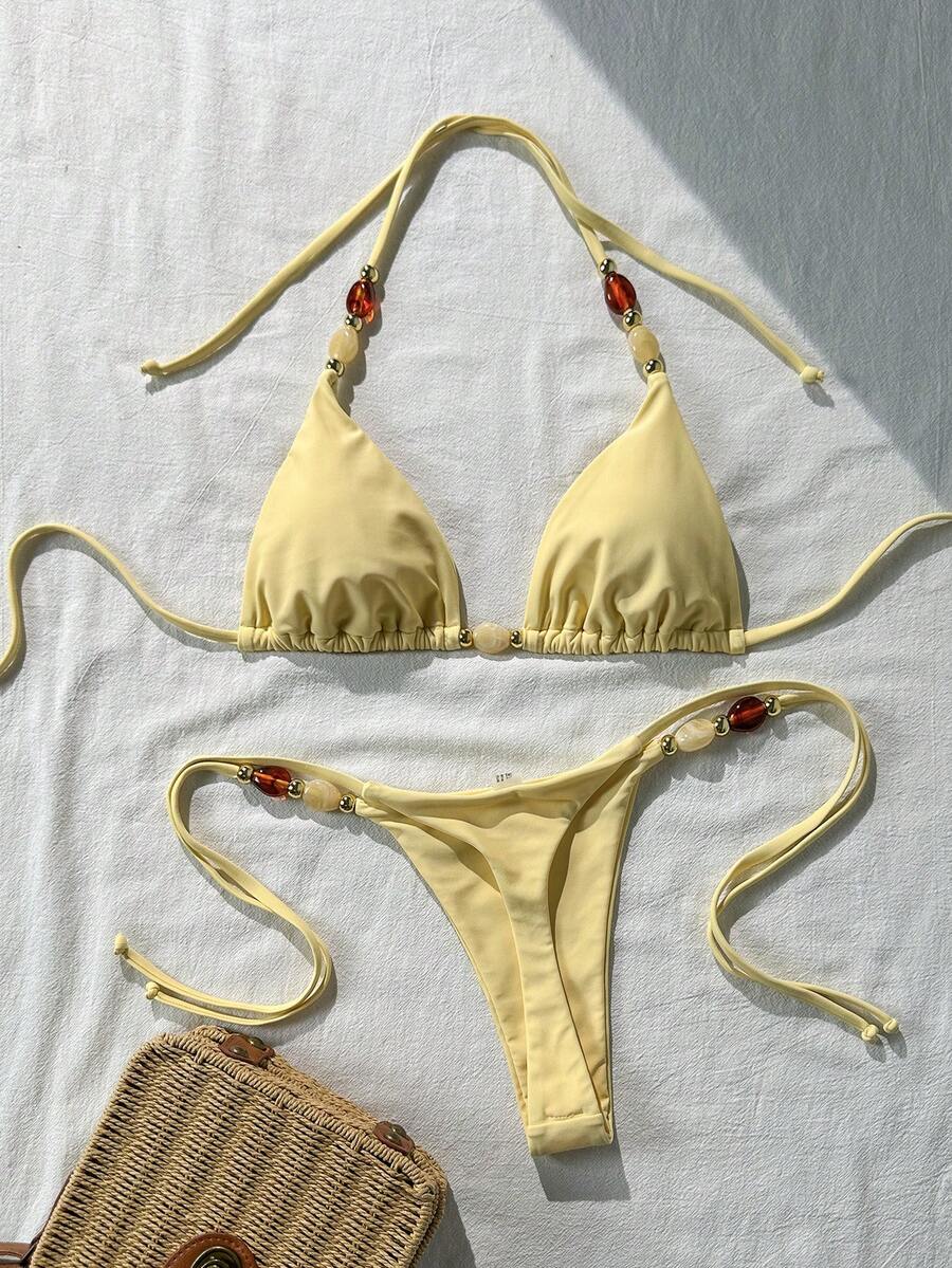 Swim Mod Women's Solid Color Halter Neck Metal Decor Sexy Bikini Set, Spring/Summer - Yellow - View 1