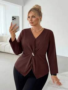 Auralis Plus Size Women's Autumn Fashion Elegant Loose Comfortable Daily Brown Long Sleeve Top, Metal Button V-Neck, Spring/Autumn Outfit, Women's Shirt, Going Out Top/Brown Metal Button Decor Twisted Top/Loose Long Sleeve Shirt/Elegant Commute Office Workplace Outfit Mermaid Style High-End Party Outfit/ - Brown - View 7