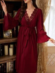 PalaceNights Elegant Tie-Front Robe, Comfortable Home & Outdoor Wear Pajamas - Burgundy - View 6