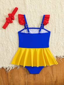 SHEIN Baby Girls' Bow Tie And Ruffled Splicing Color Fashionable Swimsuit For Holiday,Getaway,Holiday,Travel,Relax,Summer,Holiday - Multicolor - View 2