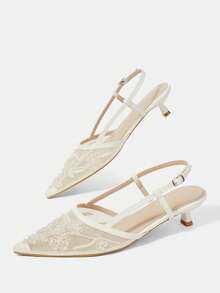 CUCCOO HITCHD Women Shoes Multicolor Mesh Embroidery Pearl Tips, Backstrap Sandals, Low Heel Design, Commuter Dating Wedding Daily Gentle Style Women's Shoes - White - View 6