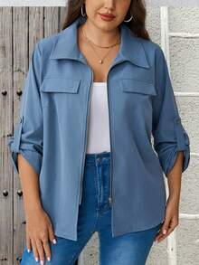 EMERY ROSE Plus Size Women's Solid Color Rolled Cuff Zipper Front Casual Jacket Fall - Blue - View 10