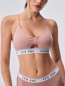 Loungeista 1 set Soutien-gorge et culotte français sexy et ajourés pour femmes, confortable et sans fil. Débardeur imprimé de lettres, beau dos, rembourrage de poitrine enveloppé. Ensemble de soutien-gorge de sport. - Rose bonbon - Voir 6