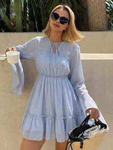 DAZY V-Neck Ruffle Semi-Sheer Long Sleeve Short Dress Summer Outfit Women's Nightgown Pajamas - Blue - View 5