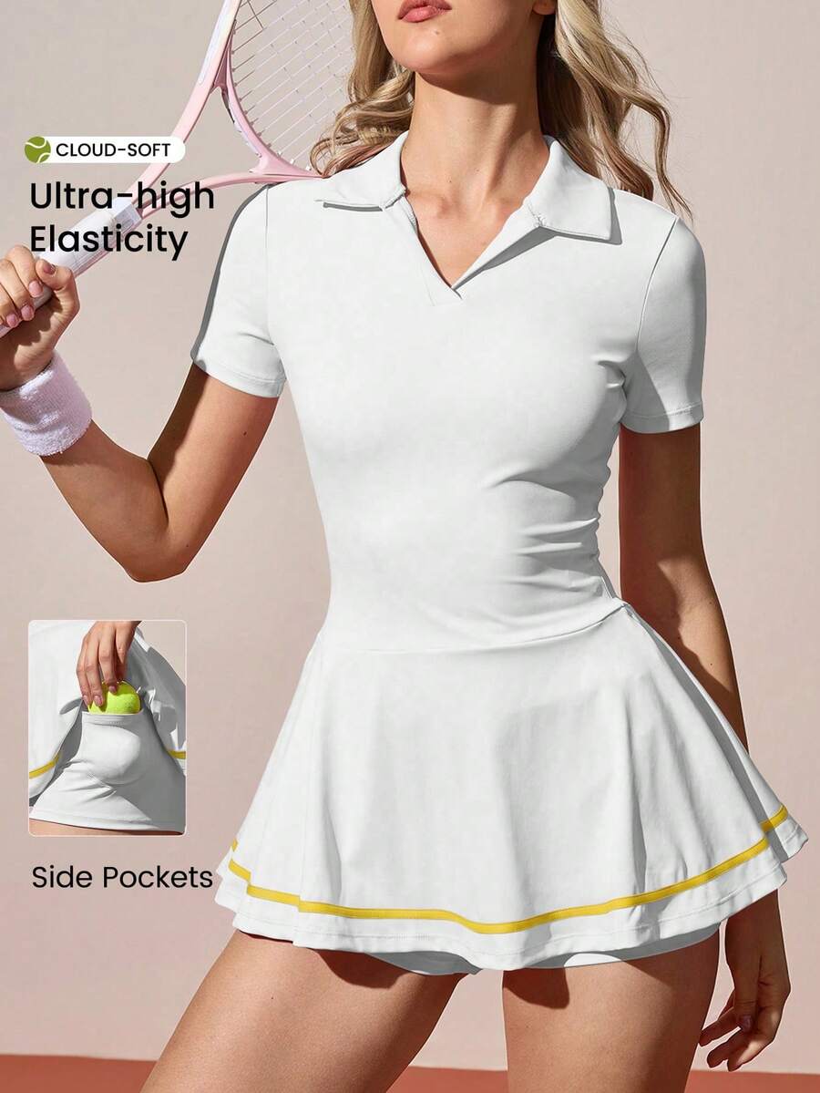 CourtClass Women's Striped Colorblock Short Sleeve Sports Dress And Shorts Set - White - View 1