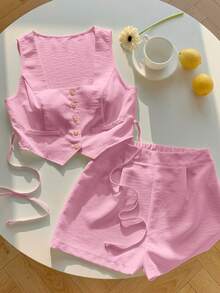 Comfortcana Women's Light Pink Open Front Vest And Shorts 2 Pieces Set Brunch Summer Elegant - Baby Pink - View 5